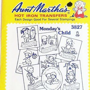 Vintage Aunt Martha's Hot Iron Transfers MONDAY'S CHILD 3827 NEW